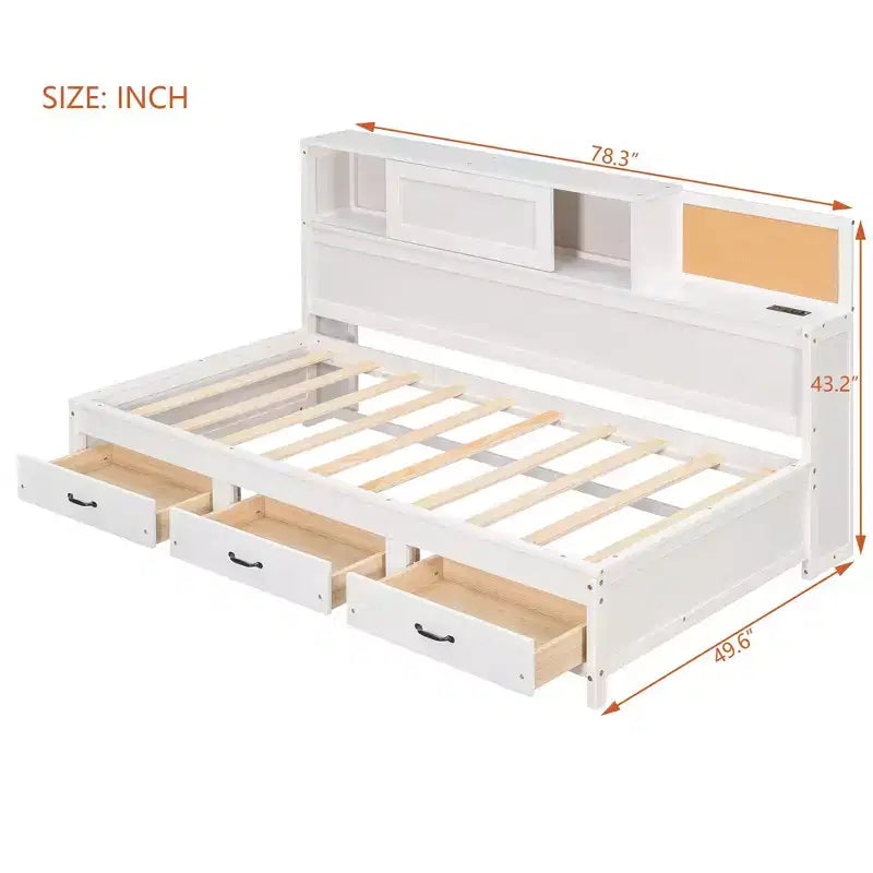 Divano letto singolo con design naturale, 3 cassetti e testiera contenitore, struttura letto a piattaforma in legno massello per ragazzi e adulti
