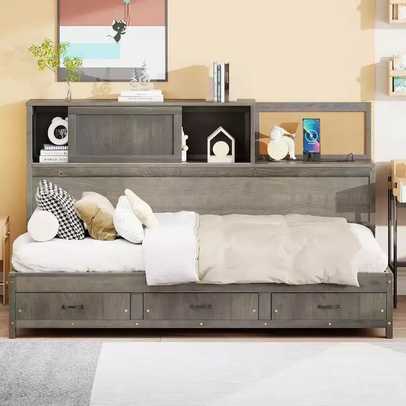 Divano letto singolo con design naturale, 3 cassetti e testiera contenitore, struttura letto a piattaforma in legno massello per ragazzi e adulti