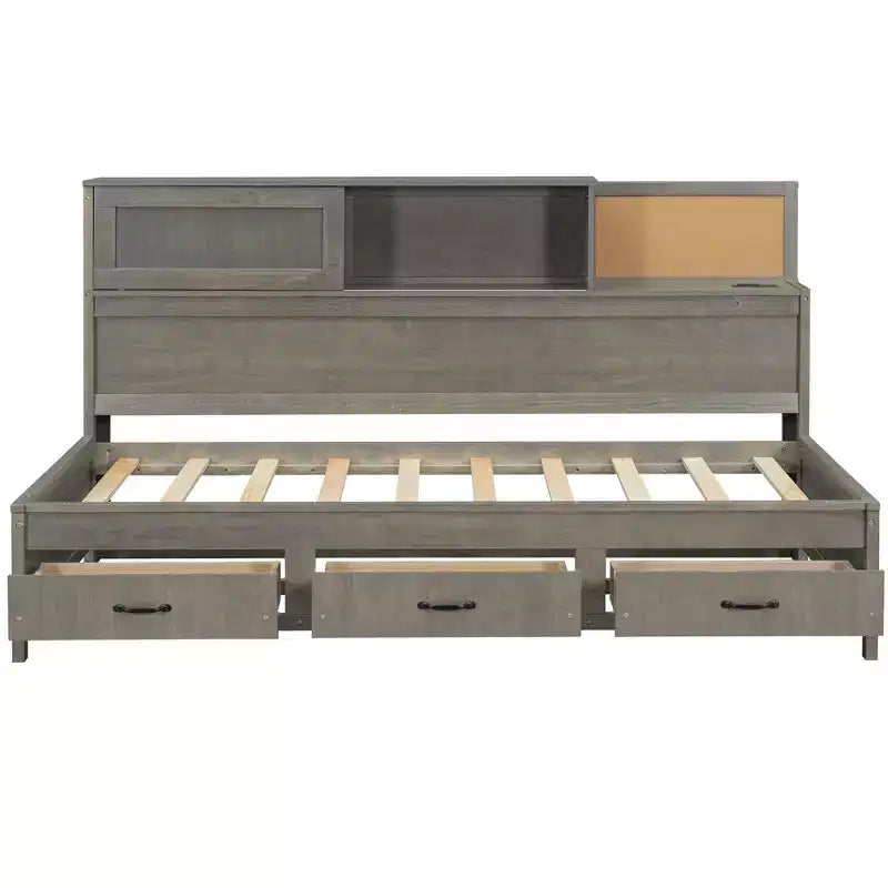 Divano letto singolo con design naturale, 3 cassetti e testiera contenitore, struttura letto a piattaforma in legno massello per ragazzi e adulti