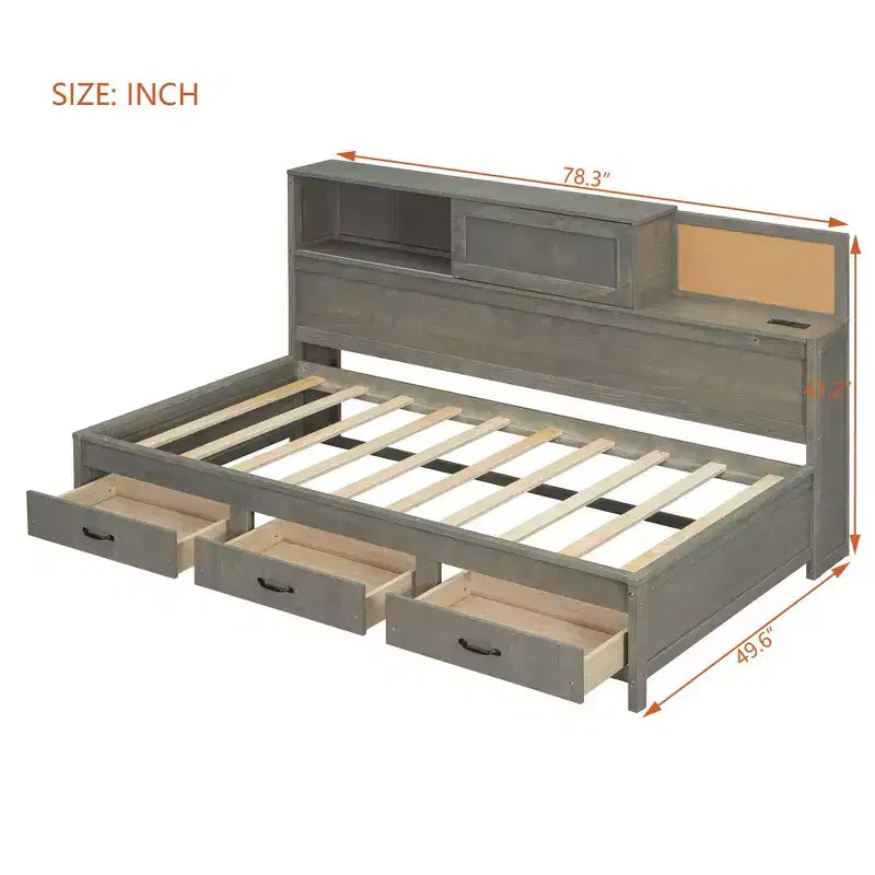 Twin Size Natural Design Daybed with 3 Drawers & Storage HeadBoard, Solid Wood Platform Bed Frame for Teens, Adults