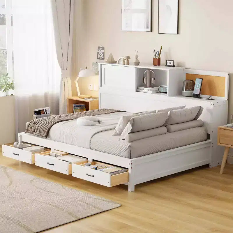 Divano letto singolo con design naturale, 3 cassetti e testiera contenitore, struttura letto a piattaforma in legno massello per ragazzi e adulti