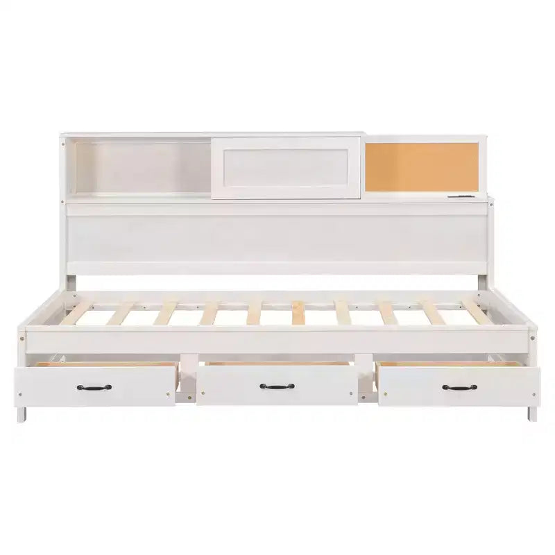Divano letto singolo con design naturale, 3 cassetti e testiera contenitore, struttura letto a piattaforma in legno massello per ragazzi e adulti