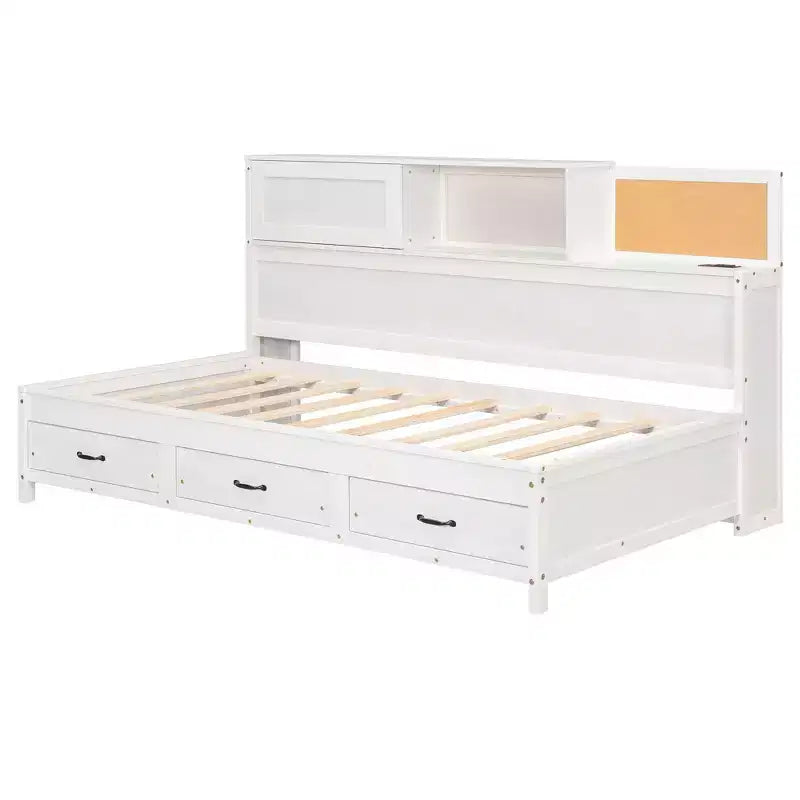Divano letto singolo con design naturale, 3 cassetti e testiera contenitore, struttura letto a piattaforma in legno massello per ragazzi e adulti