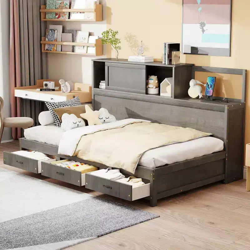 Okak Twin Size Natural Design Daybed with 3 Drawers & Storage HeadBoard,Solid Wood Platform Bed Frame for Teens,Adults
