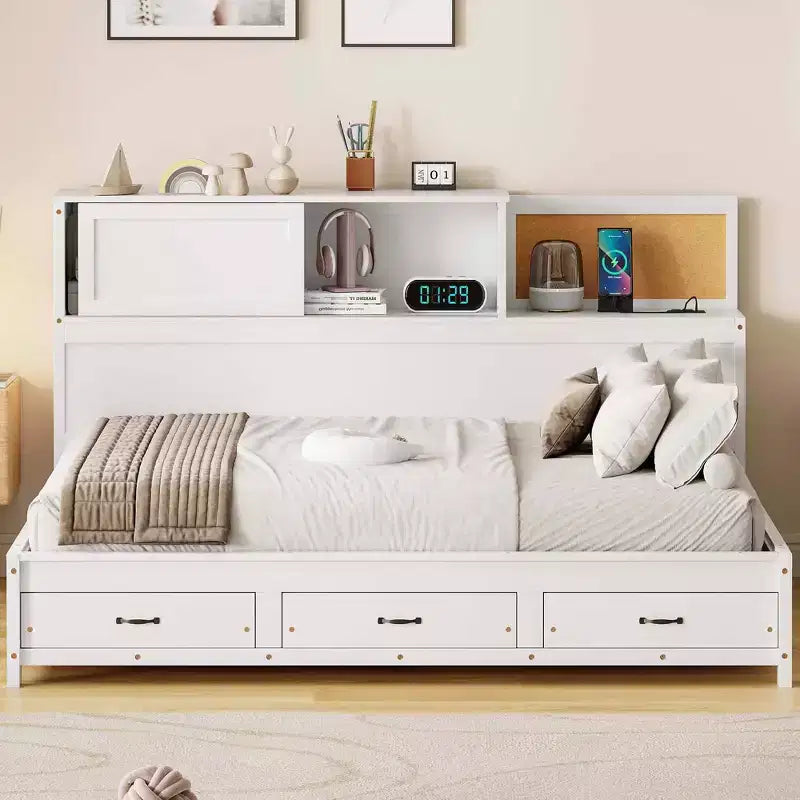Twin Size Natural Design Daybed with 3 Drawers & Storage HeadBoard, Solid Wood Platform Bed Frame for Teens, Adults