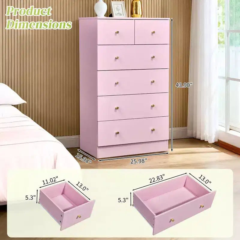 6-Drawer Large Dresser for Bedroom and Chest of Drawers with Sturdy Construction Wood Storage Organizer for Closet In pink