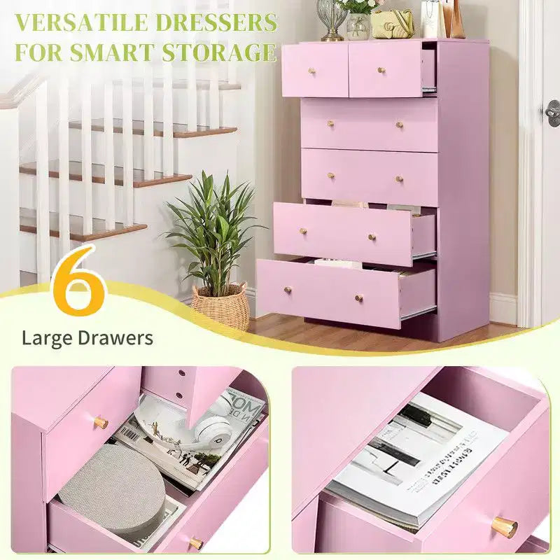 Comò grande a 6 cassetti per camera da letto e cassettiera con struttura robusta, organizer in legno per armadio, colore: rosa