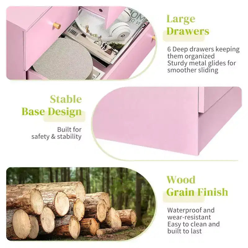 6-Drawer Large Dresser for Bedroom and Chest of Drawers with Sturdy Construction Wood Storage Organizer for Closet In pink