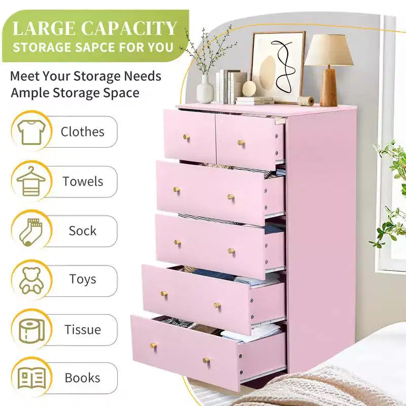 6-Drawer Large Dresser for Bedroom and Chest of Drawers with Sturdy Construction Wood Storage Organizer for Closet In pink