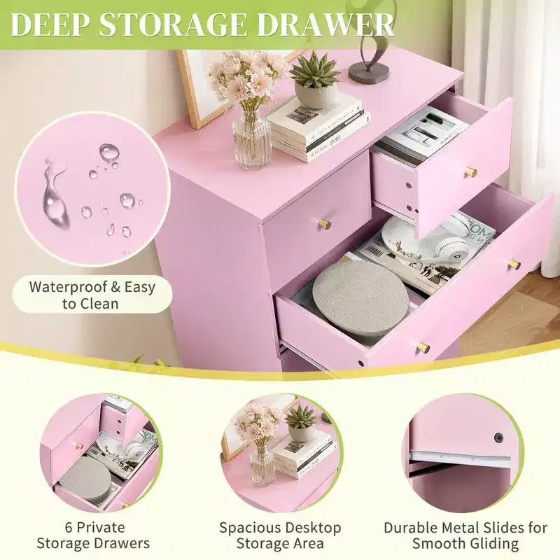 Comò grande a 6 cassetti per camera da letto e cassettiera con struttura robusta, organizer in legno per armadio, colore: rosa