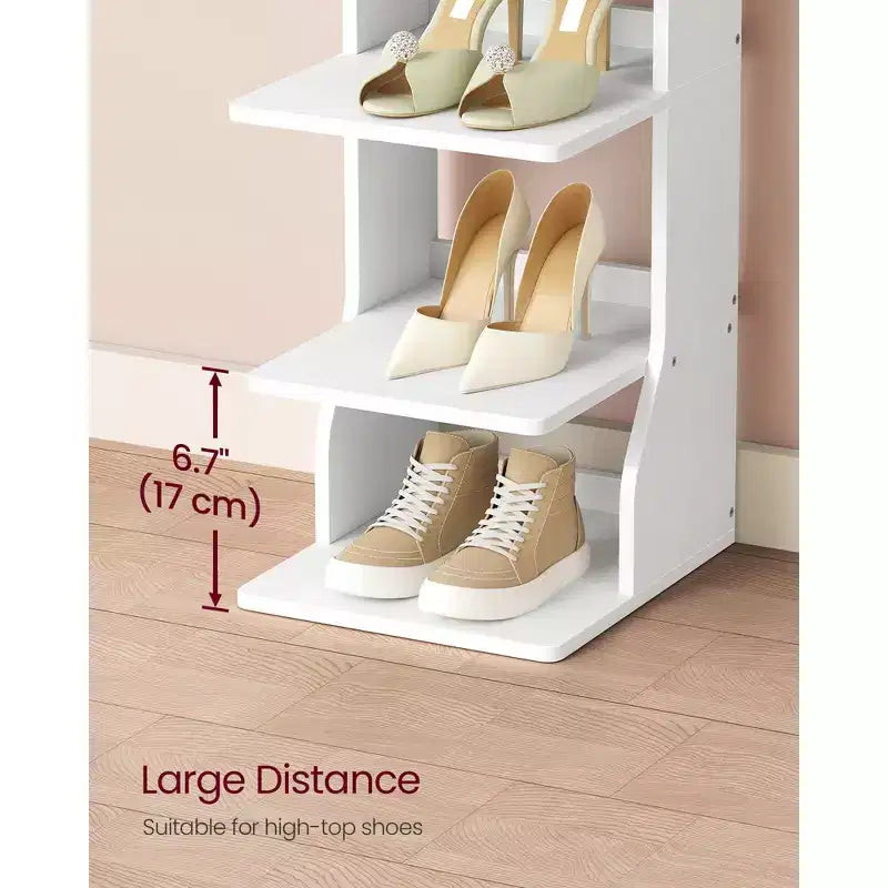 9-Tier Vertical Shoe Rack, Narrow Shoe Storage Organiser with Hooks, Slim Corner Shoe Tower Rack, for Entryway, Bedroom, White