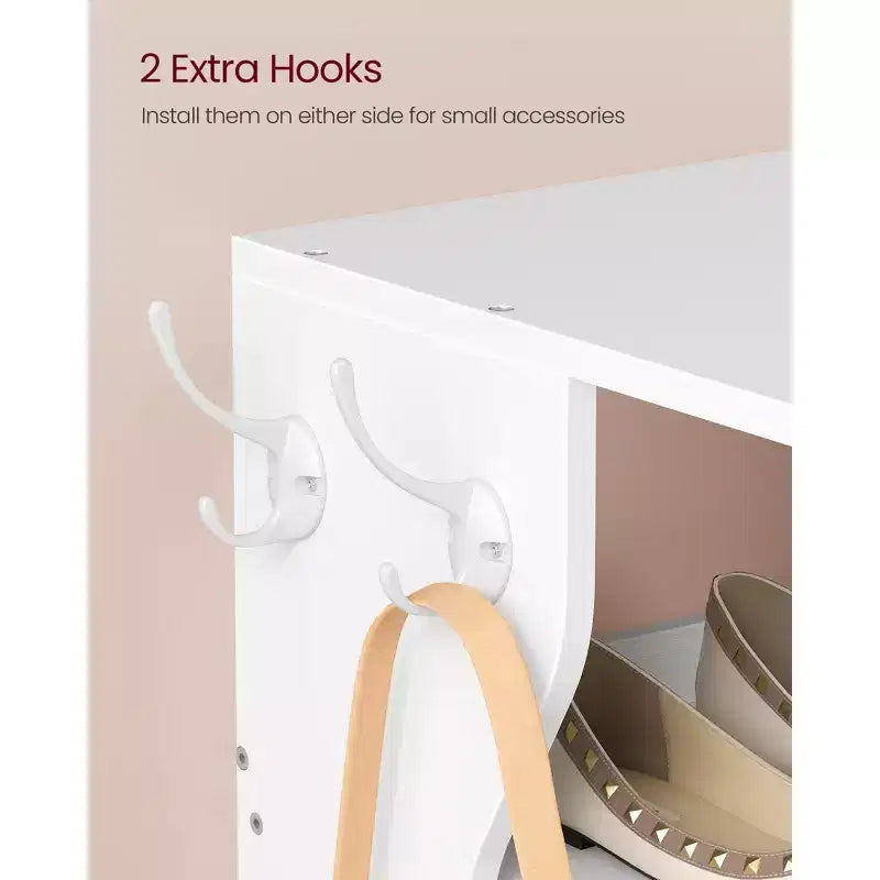 9-Tier Vertical Shoe Rack, Narrow Shoe Storage Organiser with Hooks, Slim Corner Shoe Tower Rack, for Entryway, Bedroom, White