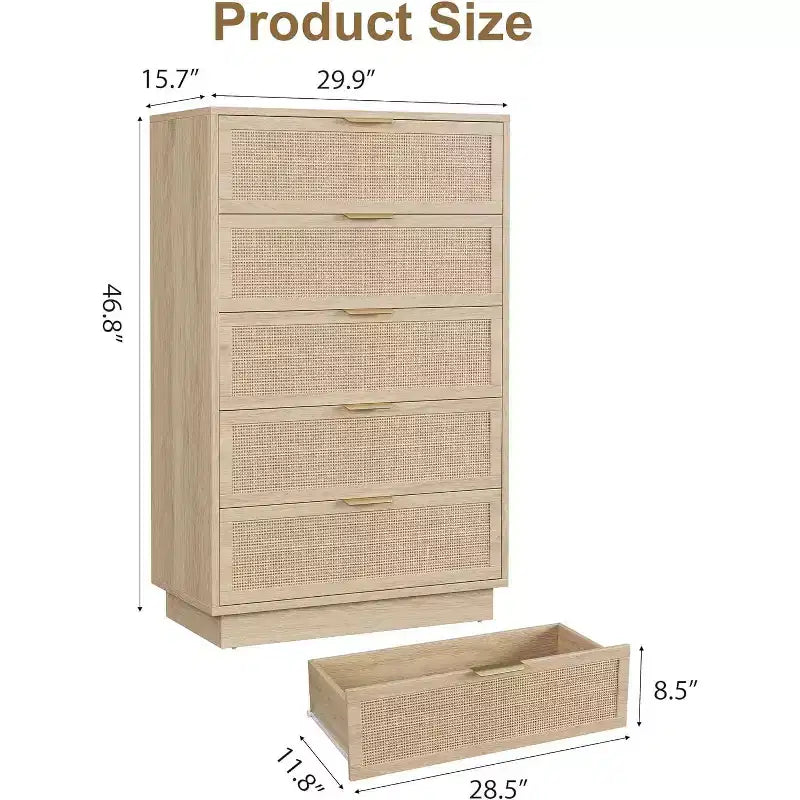 Cassettiera verticale stretta a 5 cassetti, design in rattan intrecciato, costruzione in MDF PB per camera da letto o soggiorno