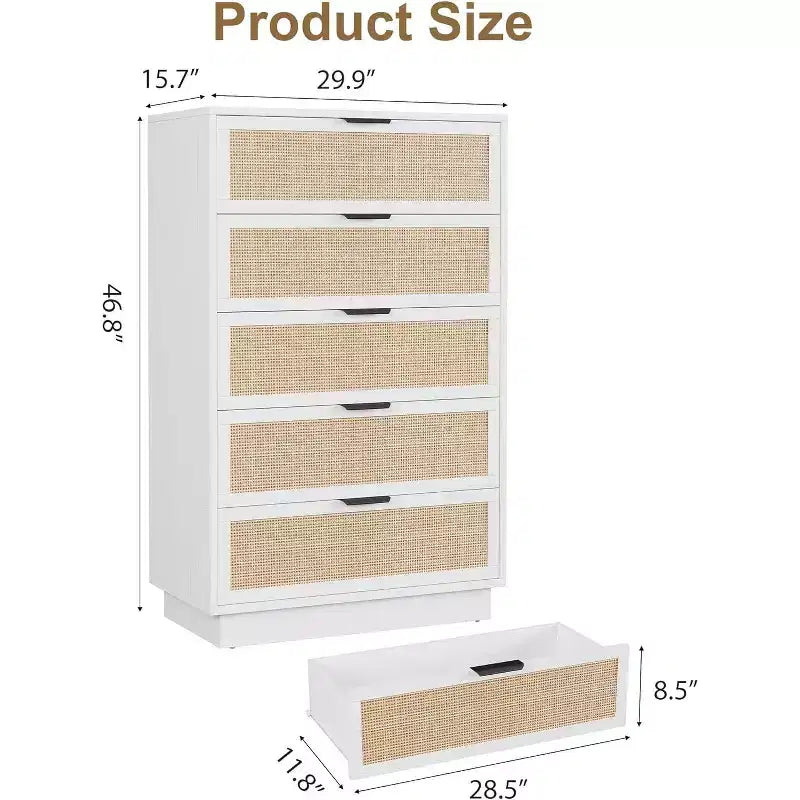Vertical Narrow 5-Drawer Chest, Woven Rattan Design MDF PB Construction for Bedroom Living Room