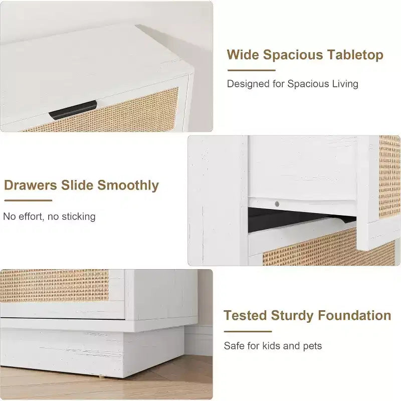 Vertical Narrow 5-Drawer Chest, Woven Rattan Design MDF PB Construction for Bedroom Living Room