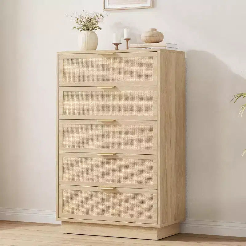 Vertical Narrow 5-Drawer Chest, Woven Rattan Design MDF PB Construction for Bedroom Living Room