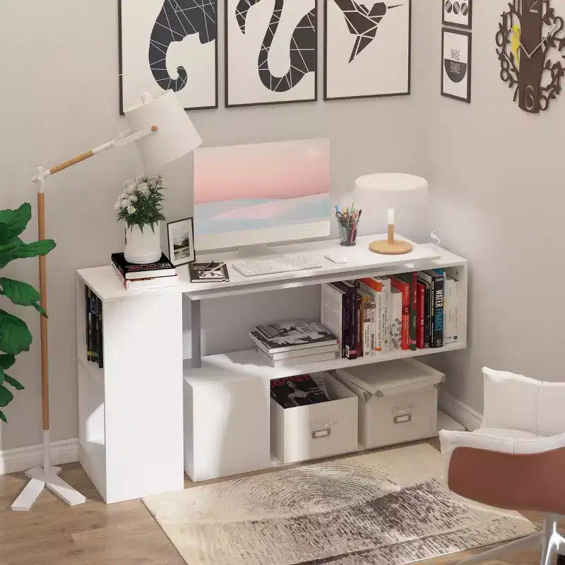 55 Scrivania angolare girevole a 360 gradi, a L, moderna, per ufficio, con scaffali portaoggetti a 3 ripiani, libreria