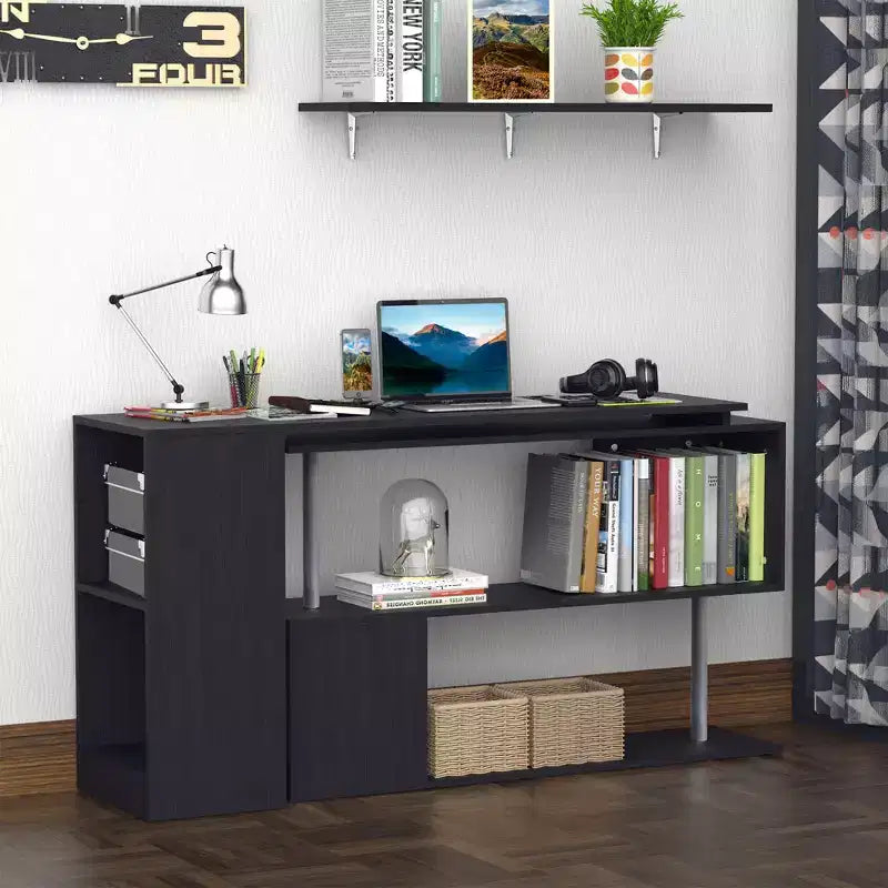 55 Scrivania angolare girevole a 360 gradi, a L, moderna, per ufficio, con scaffali portaoggetti a 3 ripiani, libreria