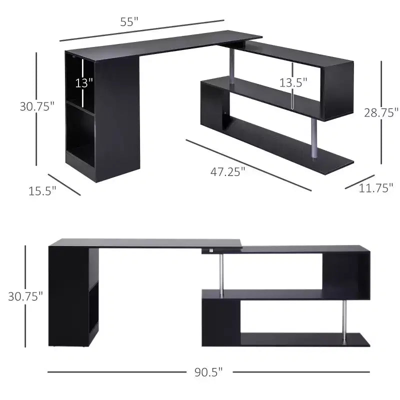 55 360 Degree Rotating Corner Computer Desk Modern L-Shaped Home Office Workstation with 3-Tier Storage Shelves, Bookshelf