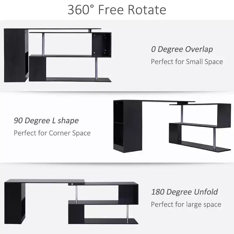 55 360 Degree Rotating Corner Computer Desk Modern L-Shaped Home Office Workstation with 3-Tier Storage Shelves, Bookshelf