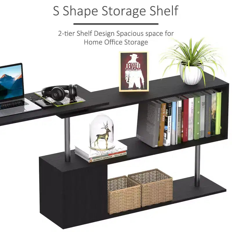 55 360 Degree Rotating Corner Computer Desk Modern L-Shaped Home Office Workstation with 3-Tier Storage Shelves, Bookshelf