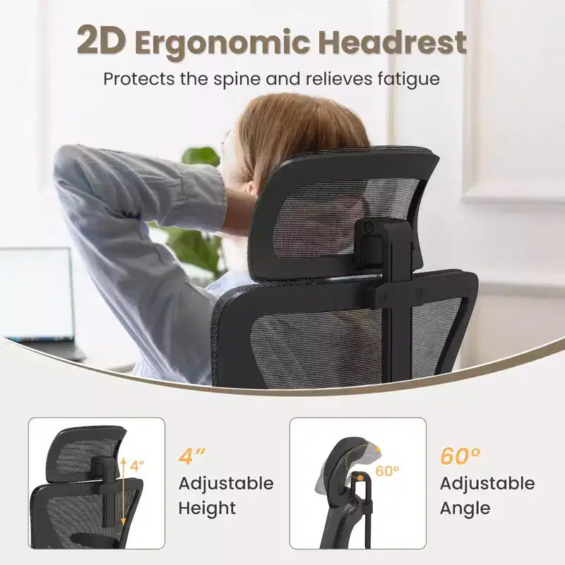 Sedia da ufficio ergonomica in rete con supporto lombare regolabile e poggiatesta nero