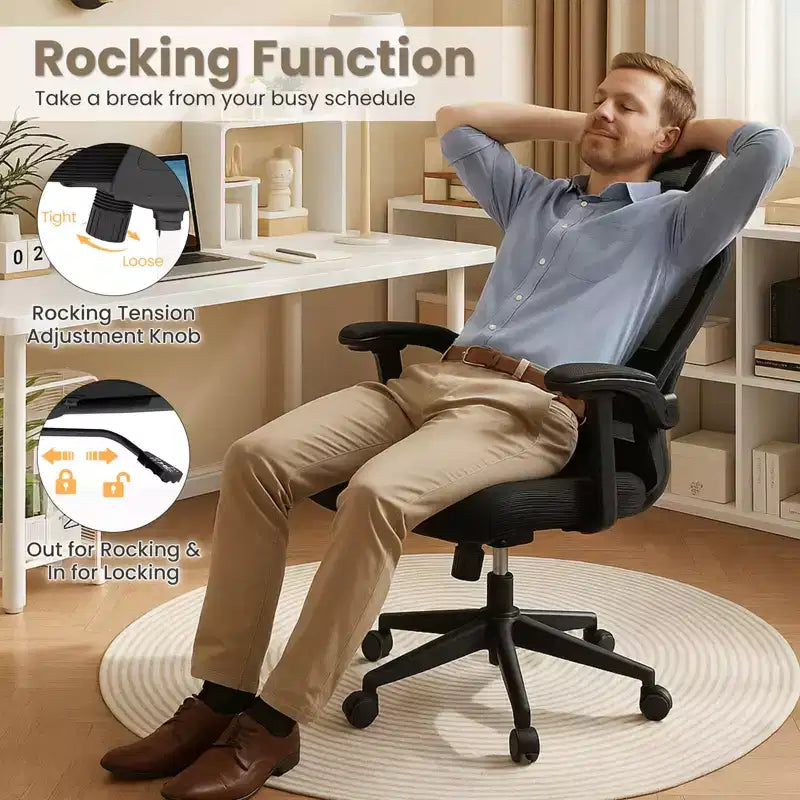 Sedia da ufficio ergonomica in rete con supporto lombare regolabile e poggiatesta nero