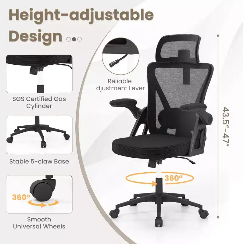 Sedia da ufficio ergonomica in rete con supporto lombare regolabile e poggiatesta nero