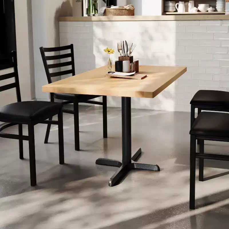 Piano da Tavolo Rettangolare Commerciale da Interno in Legno Massello con Base a X in Ghisa Antiruggine ad Altezza Cena da 23,75 x 29,5