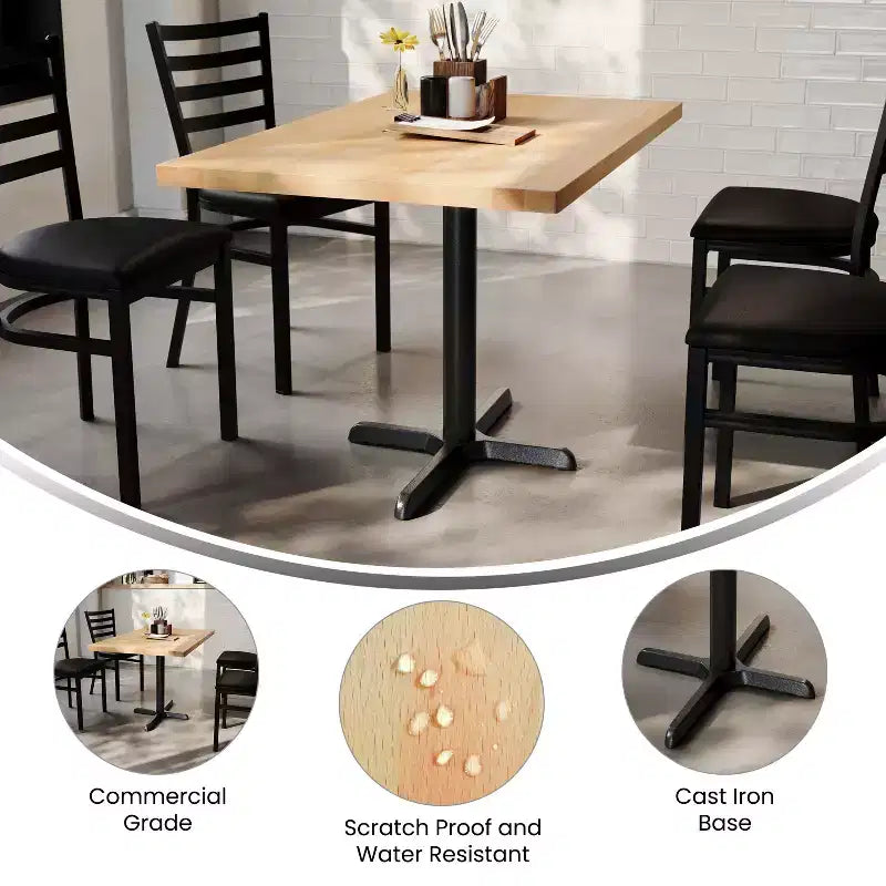 Piano da Tavolo Rettangolare Commerciale da Interno in Legno Massello con Base a X in Ghisa Antiruggine ad Altezza Cena da 23,75 x 29,5