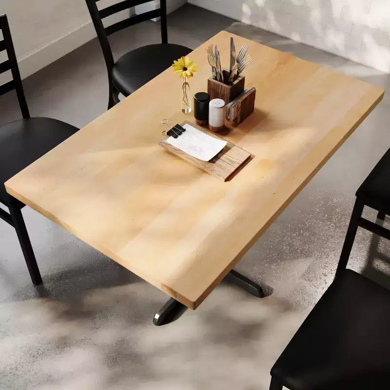 Piano da Tavolo Rettangolare Commerciale da Interno in Legno Massello con Base a X in Ghisa Antiruggine ad Altezza Cena da 23,75 x 29,5