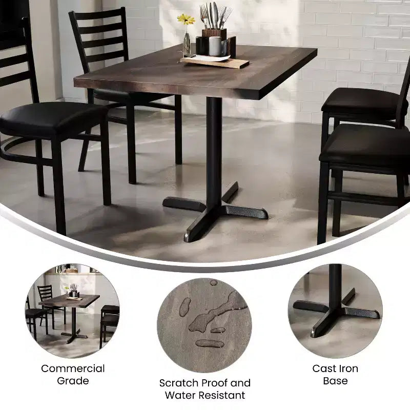 Piano da Tavolo Rettangolare Commerciale da Interno in Legno Massello con Base a X in Ghisa Antiruggine ad Altezza Cena da 23,75 x 29,5