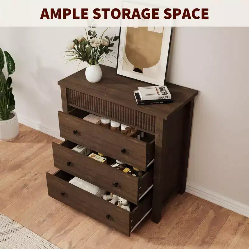 Cassettiera a 5 cassetti per camera da letto, Comò in legno, Mobile contenitore scanalato per soggiorno, corridoio e ingresso, Noce