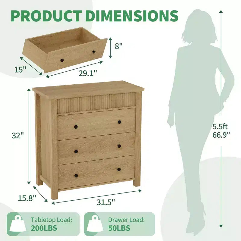 5 Drawer Dresser for Bedroom, Wooden Chest of Drawers, Fluted Storage Organizer for Living Room, Hallway and Entryway, Walnut