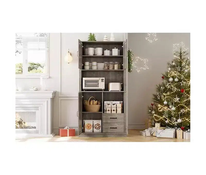 Mobile Bar Alto, Ripiani Regolabili e Cassetti, Dispensa da Cucina Moderna con Supporto per Microonde, Grande Contenitore in Legno per Sala da Pranzo/Soggiorno