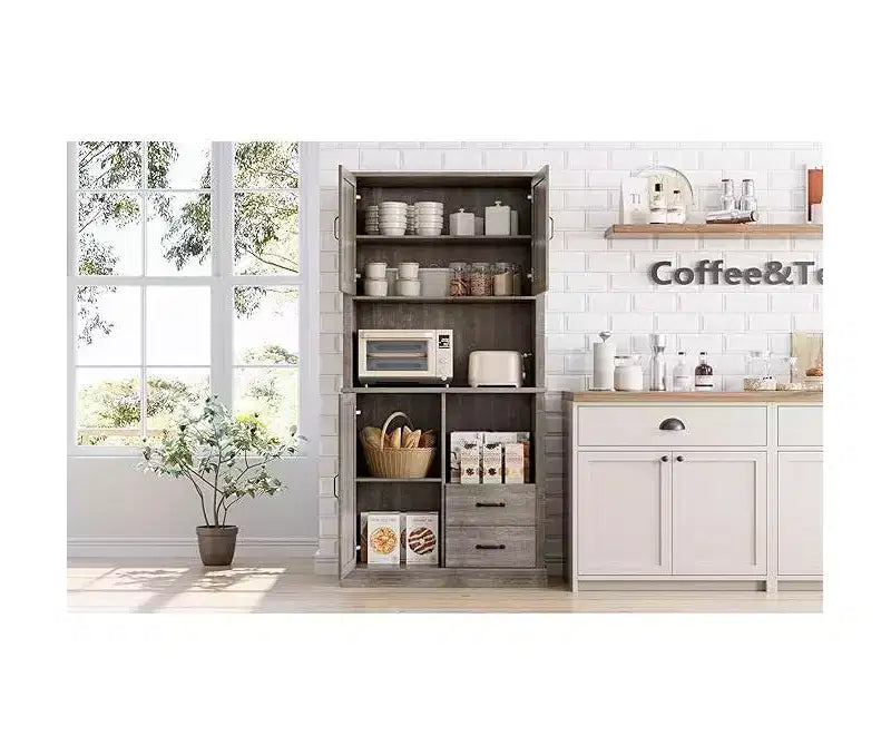 Tall Bar Cabinet, Adjustable Shelves & Drawers, Modern Kitchen Pantry Hutch with Microwave Stand, Large Wood Storage for Dining/Living Room
