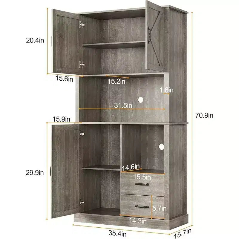 Mobile Bar Alto, Ripiani Regolabili e Cassetti, Dispensa da Cucina Moderna con Supporto per Microonde, Grande Contenitore in Legno per Sala da Pranzo/Soggiorno