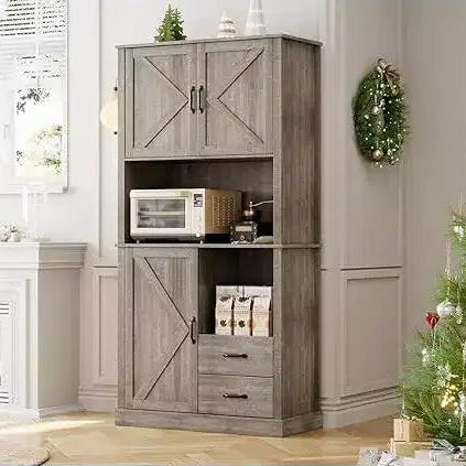 Mobile Bar Alto, Ripiani Regolabili e Cassetti, Dispensa da Cucina Moderna con Supporto per Microonde, Grande Contenitore in Legno per Sala da Pranzo/Soggiorno