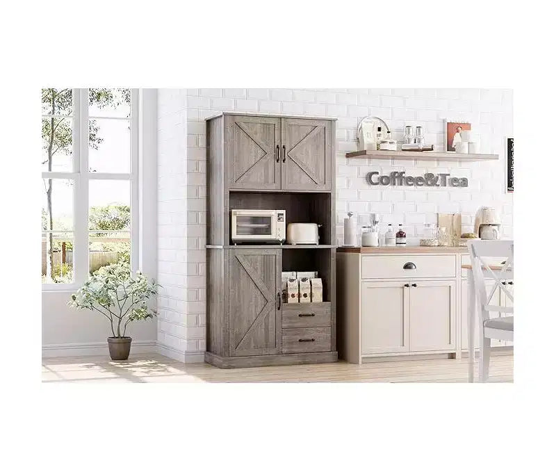 Mobile Bar Alto, Ripiani Regolabili e Cassetti, Dispensa da Cucina Moderna con Supporto per Microonde, Grande Contenitore in Legno per Sala da Pranzo/Soggiorno