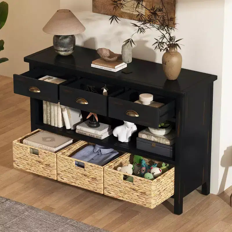Consolle da ingresso con vano contenitore, tavolo da corridoio stile rustico con 3 cassetti e 3 cesti in giacinto d'acqua per soggiorno o ingresso