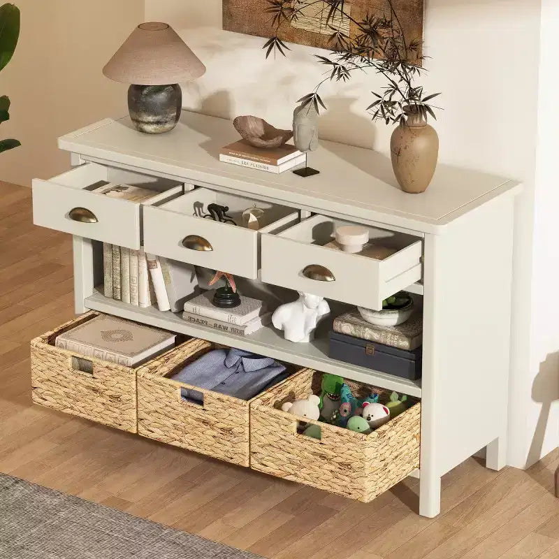 Consolle da ingresso con vano contenitore, tavolo da corridoio stile rustico con 3 cassetti e 3 cesti in giacinto d'acqua per soggiorno o ingresso