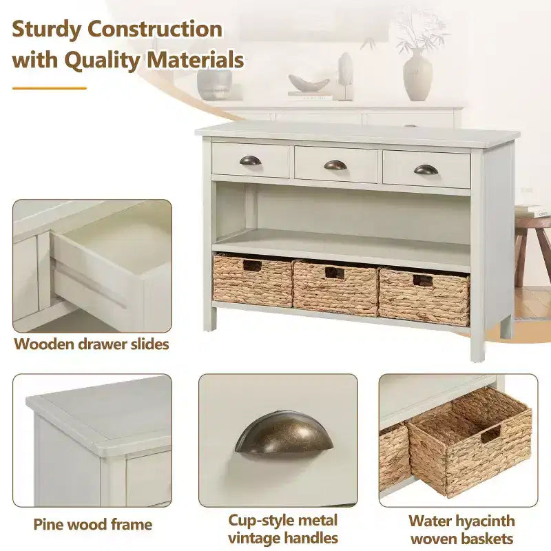 Consolle da ingresso con vano contenitore, tavolo da corridoio stile rustico con 3 cassetti e 3 cesti in giacinto d'acqua per soggiorno o ingresso