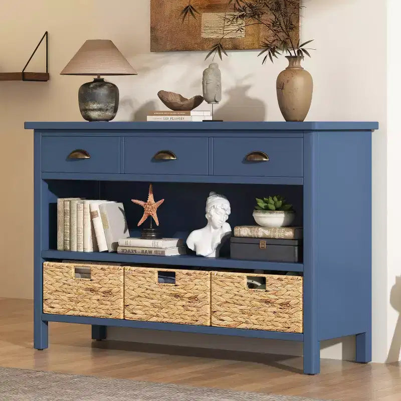 Entryway Console Table with Storage, Farmhouse Hallway Table with 3 Drawers and 3 Water Hyacinth Baskets for Living Room or Foyer
