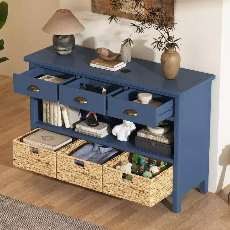 Entryway Console Table with Storage, Farmhouse Hallway Table with 3 Drawers and 3 Water Hyacinth Baskets for Living Room or Foyer