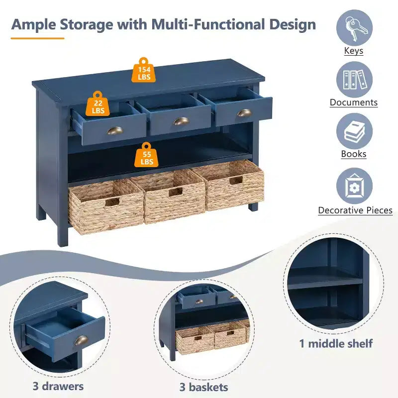 Entryway Console Table with Storage, Farmhouse Hallway Table with 3 Drawers and 3 Water Hyacinth Baskets for Living Room or Foyer