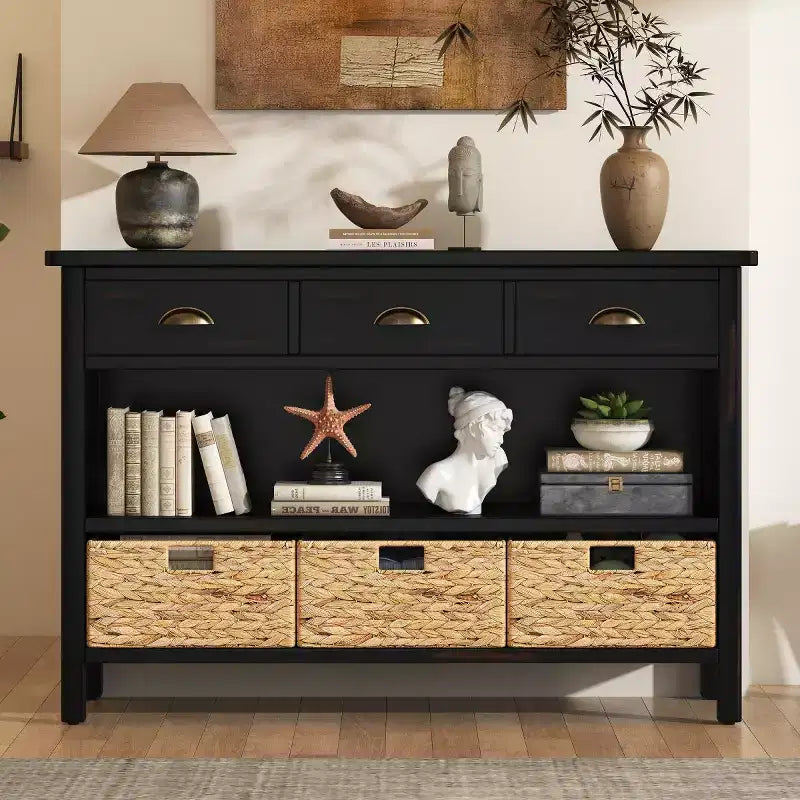 Entryway Console Table with Storage, Farmhouse Hallway Table with 3 Drawers and 3 Water Hyacinth Baskets for Living Room or Foyer