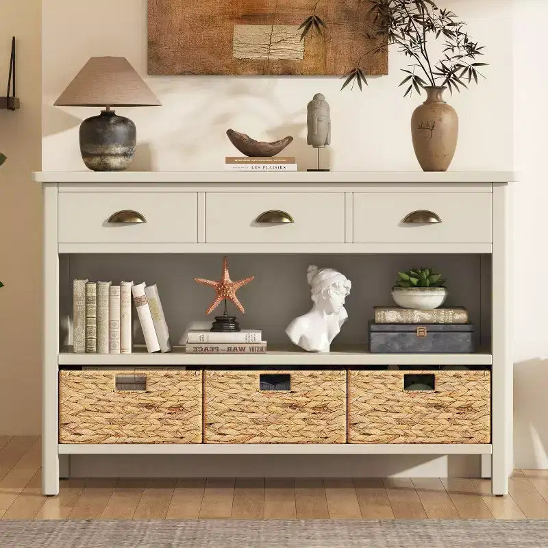 Entryway Console Table with Storage, Farmhouse Hallway Table with 3 Drawers and 3 Water Hyacinth Baskets for Living Room or Foyer
