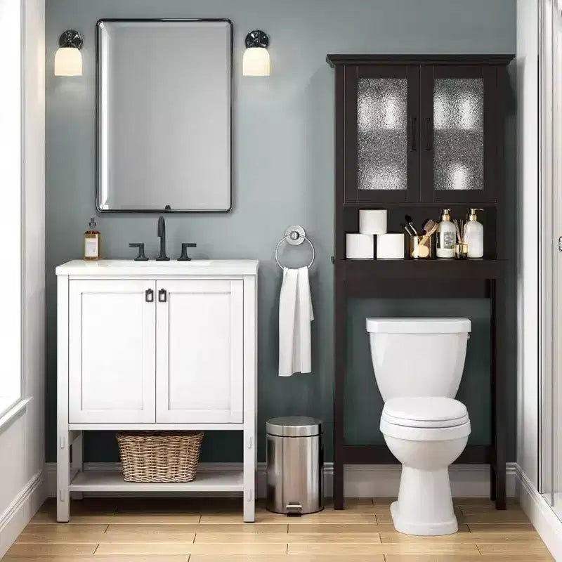 Mobiletto da bagno salvaspazio sopra il WC, organizer da bagno con ante in vetro e ripiano regolabile, struttura spessa, colore espresso