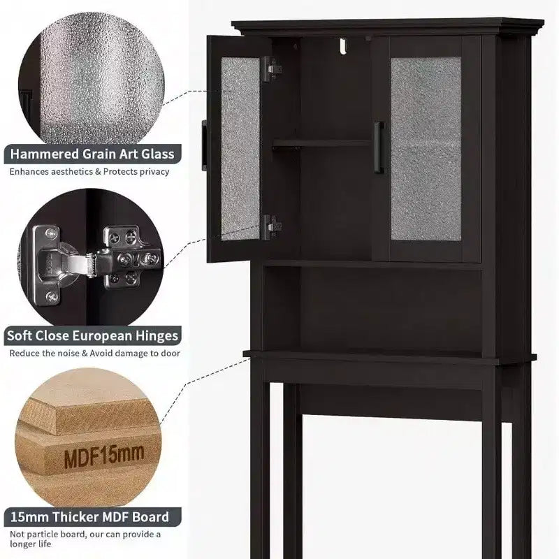 Mobiletto da bagno salvaspazio sopra il WC, organizer da bagno con ante in vetro e ripiano regolabile, struttura spessa, colore espresso