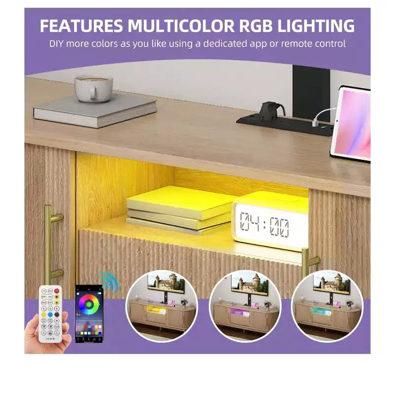 Mobili Porta TV Scanalati con Supporto, Mobile TV LED per TV da 75 Pollici, Porta TV Curvo con Prese di Corrente e Luce LED per Soggiorno, Rovere Naturale